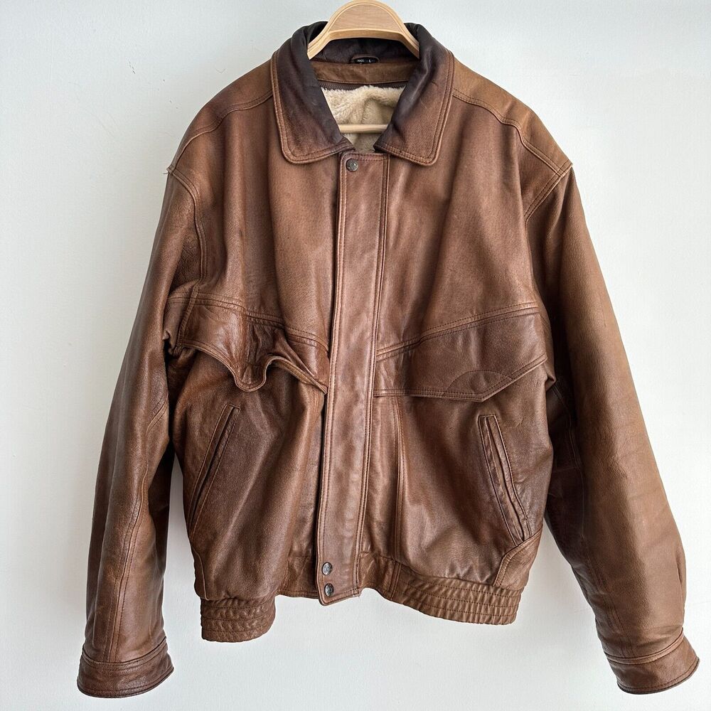Vintage Brown Leather Bomber Jacket